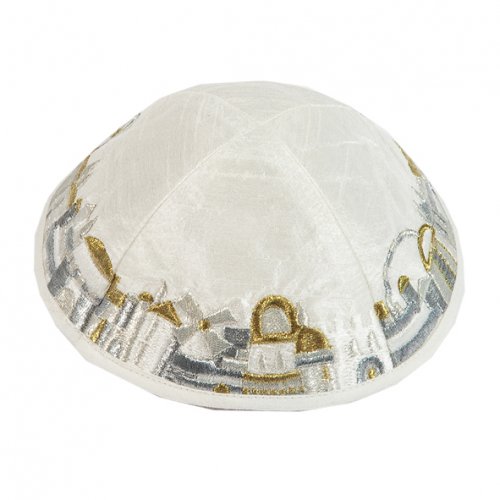 Yair Emanuel Kippah, Embroidered Gold and Silver Jerusalem Images - White