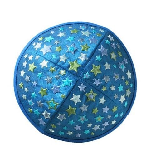 Yair Emanuel Kippah for Children – Embroidered Colored Stars on Blue