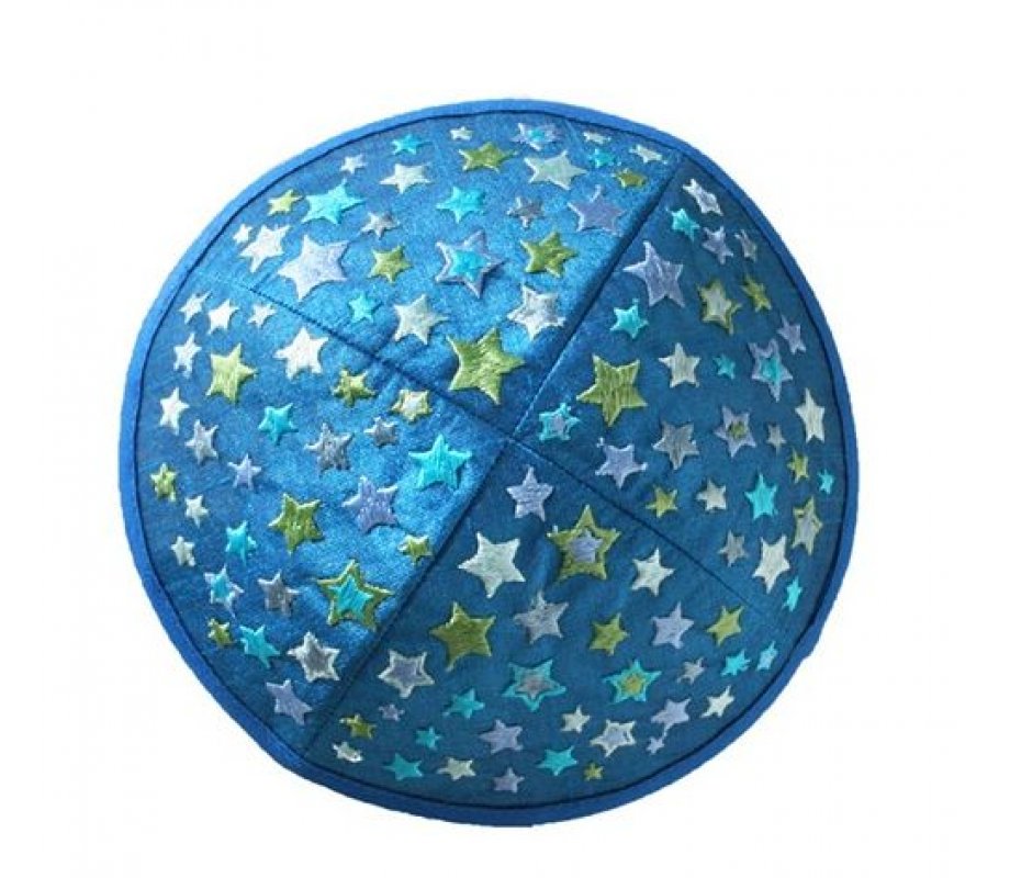 Yair Emanuel Kippah for Children – Embroidered Colored Stars on Blue