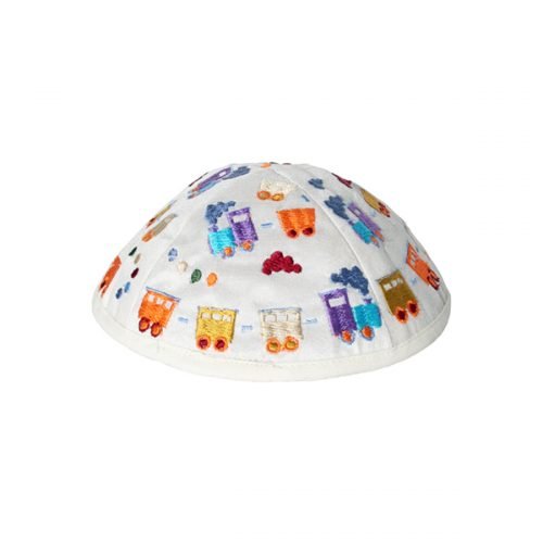 Yair Emanuel Kippah for Children  Embroidered Colorful Trains on White
