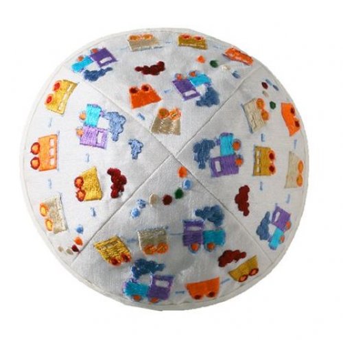 Yair Emanuel Kippah for Children  Embroidered Colorful Trains on White