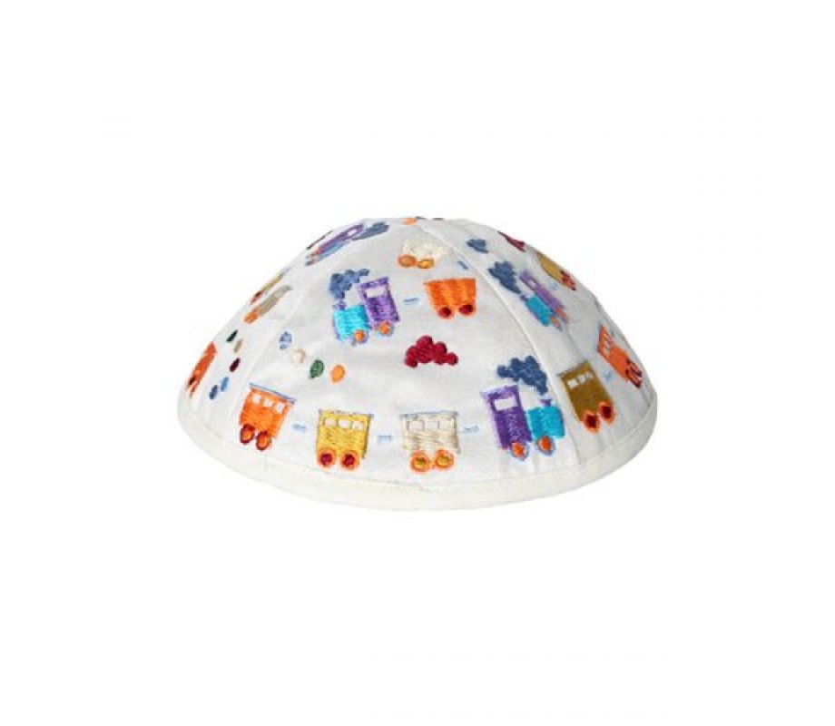 Yair Emanuel Kippah for Children – Embroidered Colorful Trains on White
