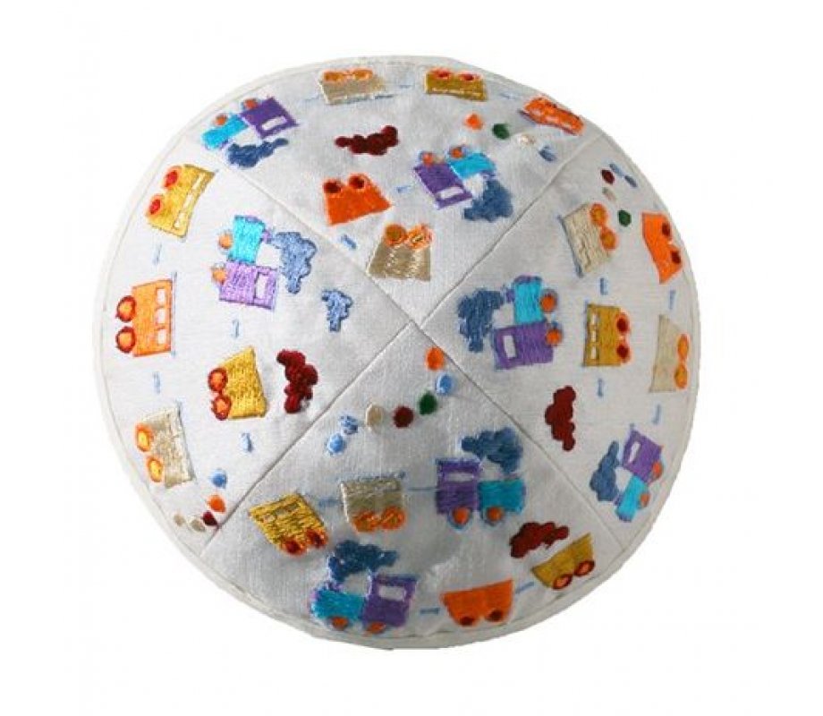 Yair Emanuel Kippah for Children – Embroidered Colorful Trains on White