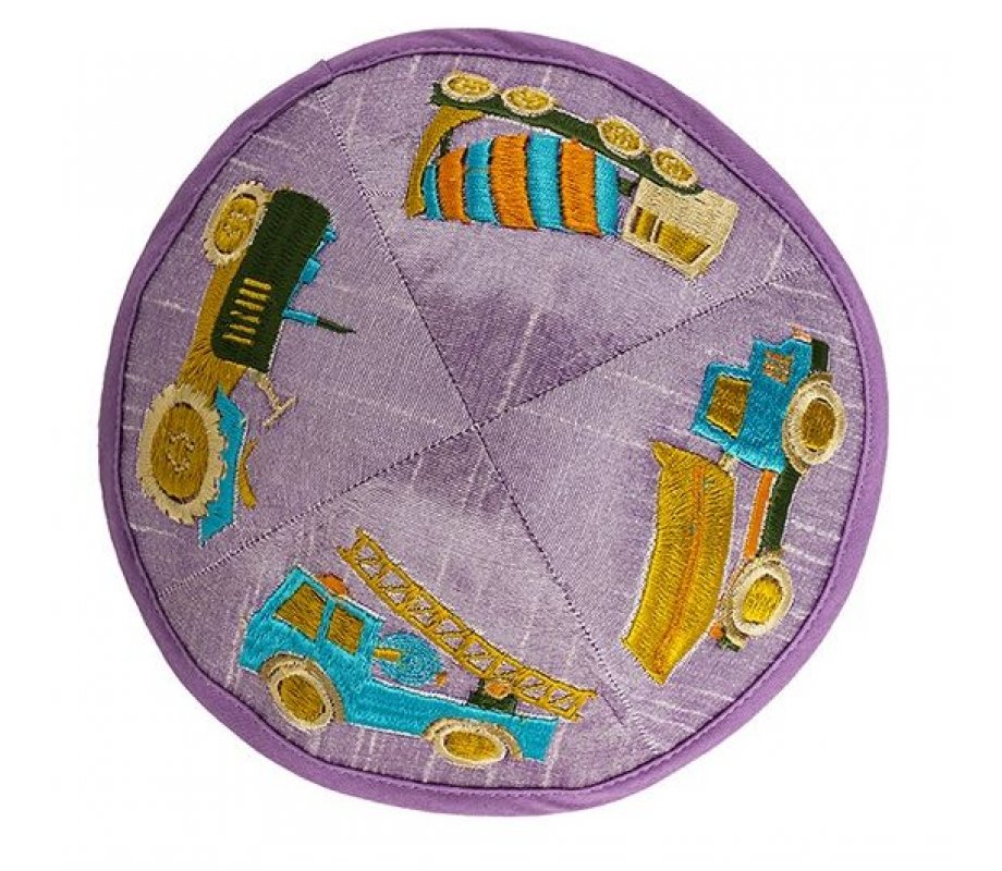 Yair Emanuel Kippah for Children – Embroidered Colorful Trucks on Lilac