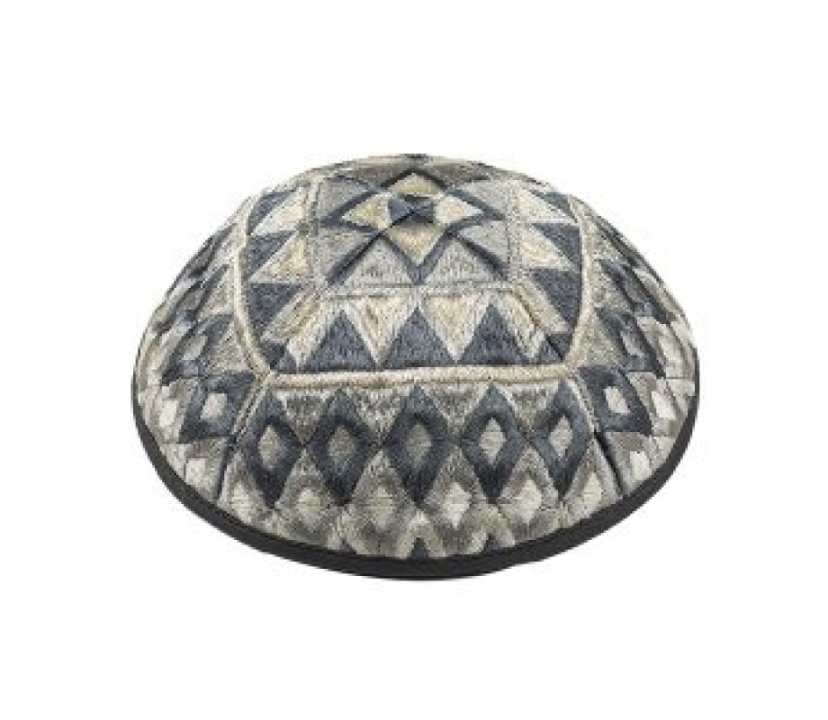 Yair Emanuel, Kippah with Silk Embroidered Geometrical Shapes – Silver