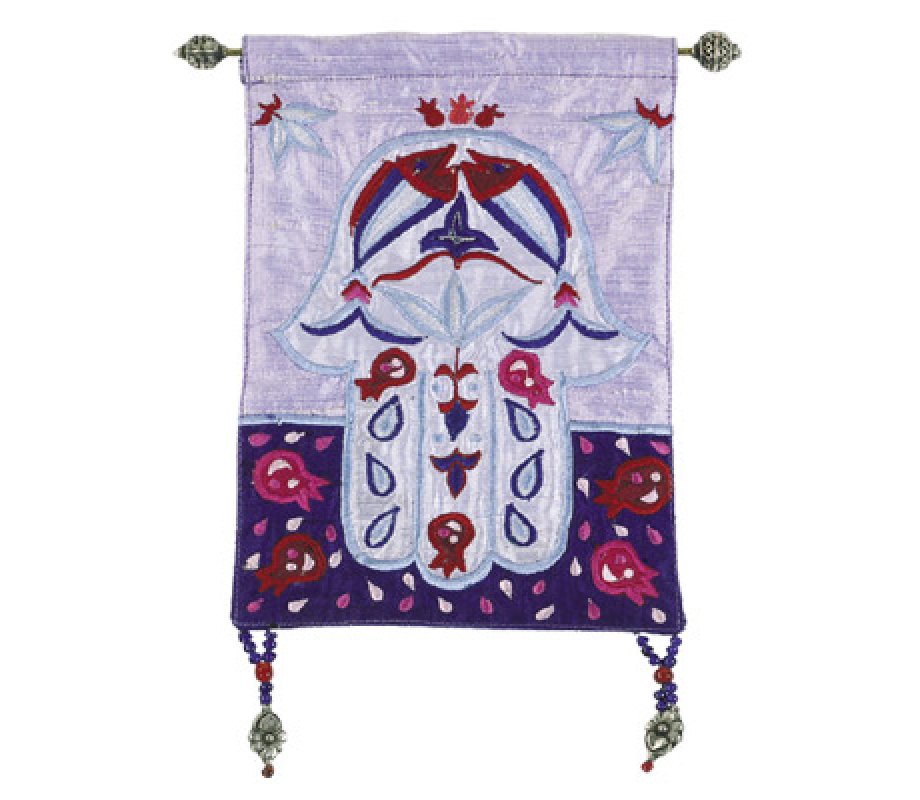 Yair Emanuel Large Appliqued Silk Wall Hamsa, Good Luck Symbols – Blue & Maroon