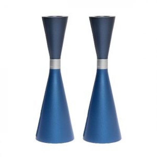 Yair Emanuel Large Cone Shaped Candlesticks with Band - Two Tone Blue