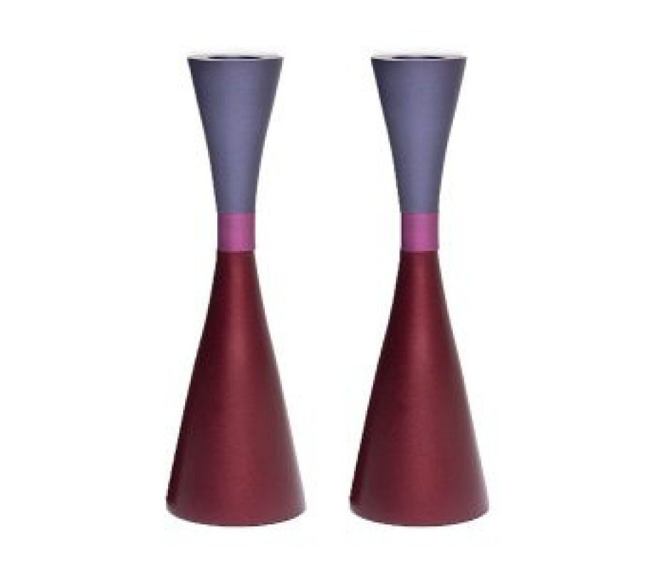 Yair Emanuel Large Cone Shaped Candlesticks with Band - Two Tone Maroon and Purple