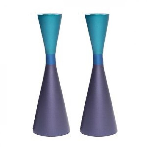 Yair Emanuel Large Cone Shaped Candlesticks with Band - Two Tone Turquoise and Purple
