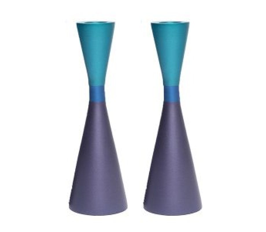 Yair Emanuel Large Cone Shaped Candlesticks with Band - Two Tone Turquoise and Purple