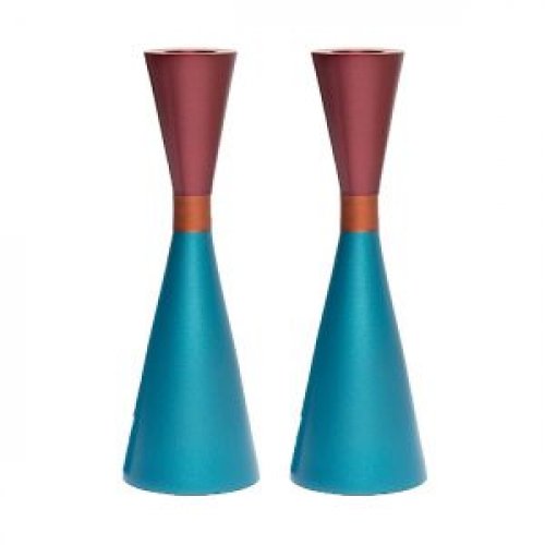 Yair Emanuel Large Cone Shaped Candlesticks with Band - Two Tone Turquoise and Red