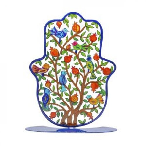 Yair Emanuel Large Hand Painted Hamsa on Base - Pomegranates in Pastoral Scene