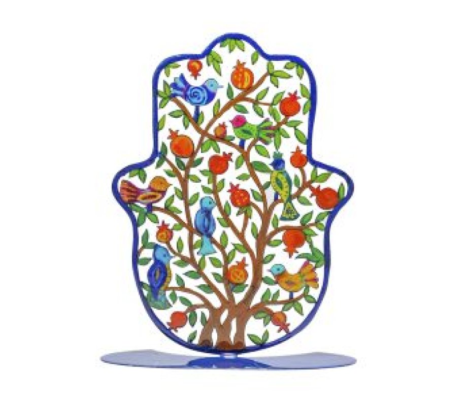 Yair Emanuel Large Hand Painted Hamsa on Base - Pomegranates in Pastoral Scene