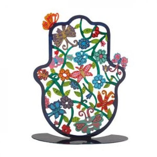 Yair Emanuel Large Hand Painted Hamsa on Stand - Flowers and Butterflies