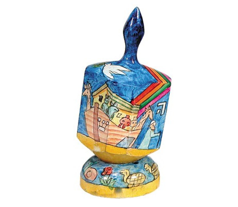 Yair Emanuel Large Hand Painted Wood Dreidel on Stand - Noah's Ark Images