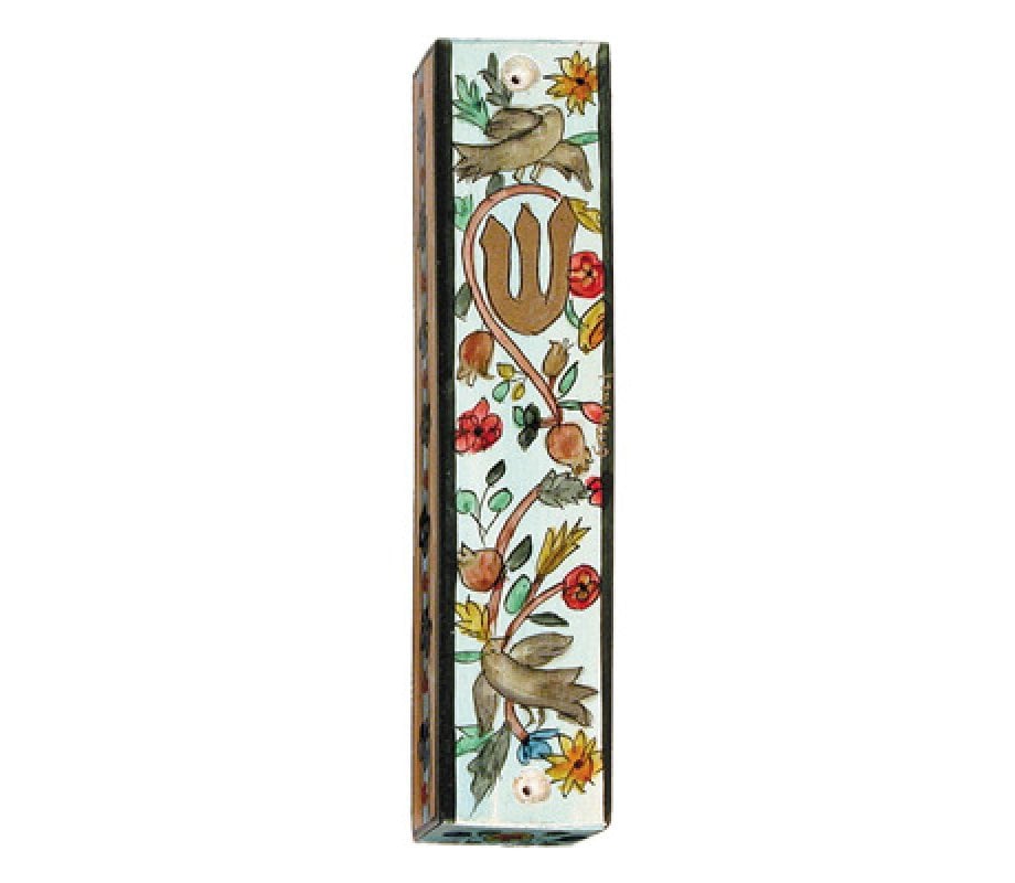Yair Emanuel Large Hand Painted Wood Mezuzah Case - Birds on Blue