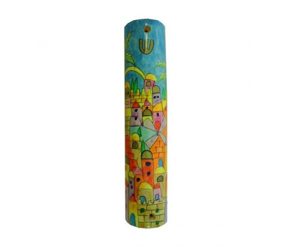 Yair Emanuel Large Hand Painted Wood Mezuzah Case - Colorful Jerusalem