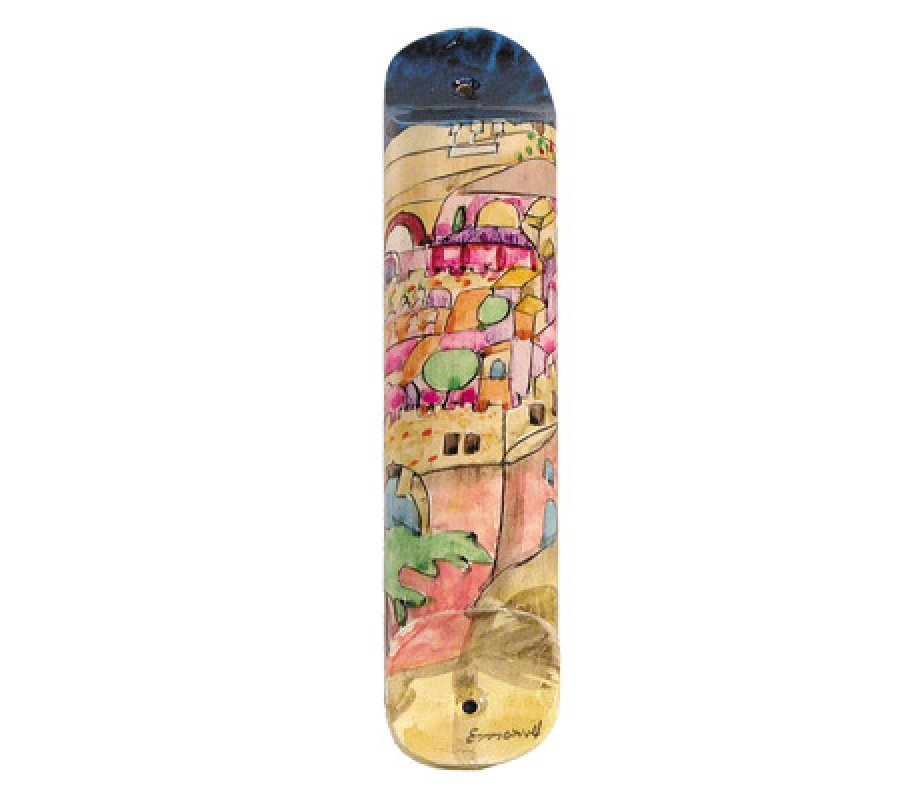 Yair Emanuel Large Hand Painted Wood Mezuzah Case - Jerusalem in Pink