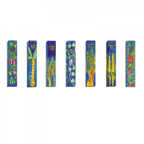 Yair Emanuel Large Hand Painted Wood Mezuzah Cases, Seven Species - Set of Seven