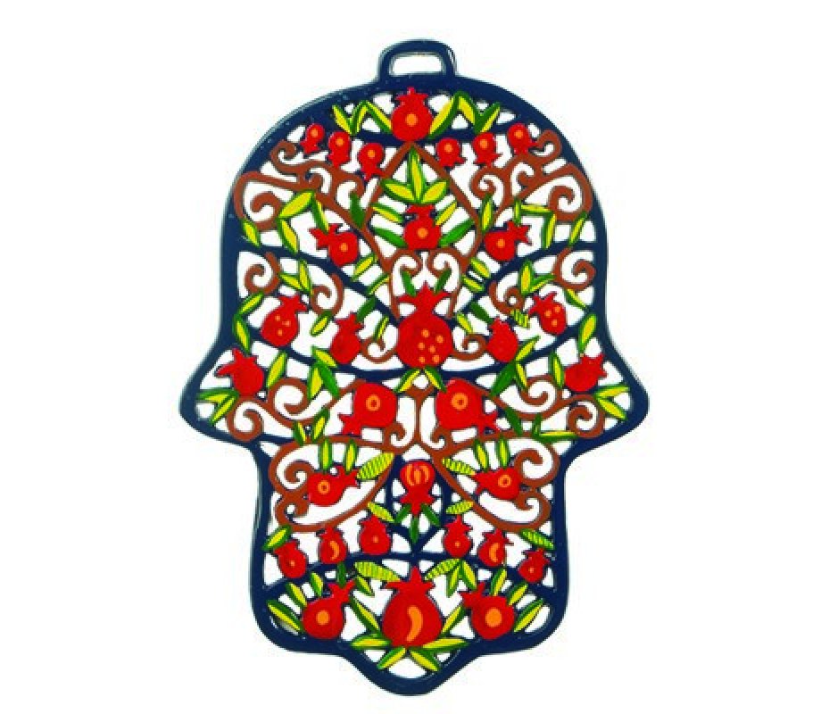 Yair Emanuel Large Laser Cut Hand-painted Wall Hamsa - Pomegranates