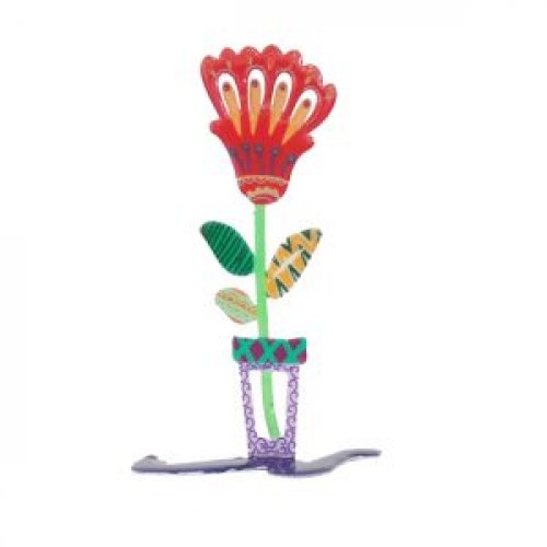 Yair Emanuel Laser Cut Free Standing Flowerpot with Red Flower and Leaves