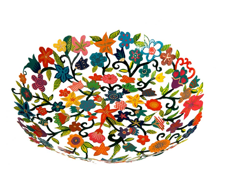 Yair Emanuel Laser Cut Hand Painted Colorful Bowl - Flowers