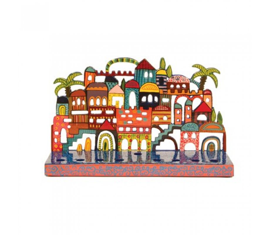Yair Emanuel Laser Cut Hand Painted Metal Chanukah Menorah - Jerusalem Views