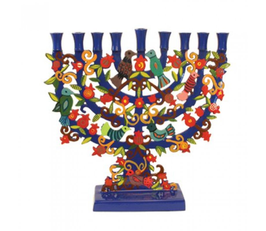 Yair Emanuel Laser Cut Menorah - Hand-painted Birds Flowers Pomegranates