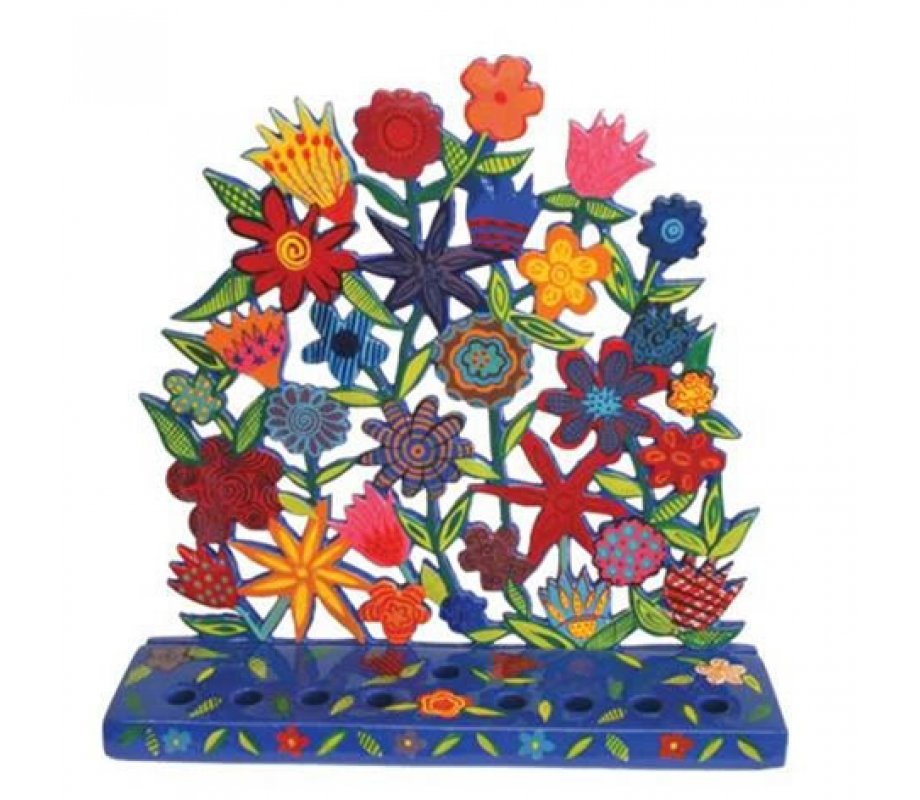 Yair Emanuel Laser Cut Metal Hanukkah Menorah - Floral Display
