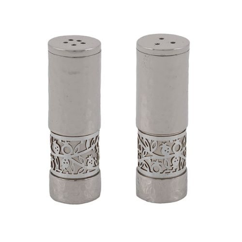 Yair Emanuel Matt and Hammered Salt and Pepper Shaker, Pomegranate Band  Silver