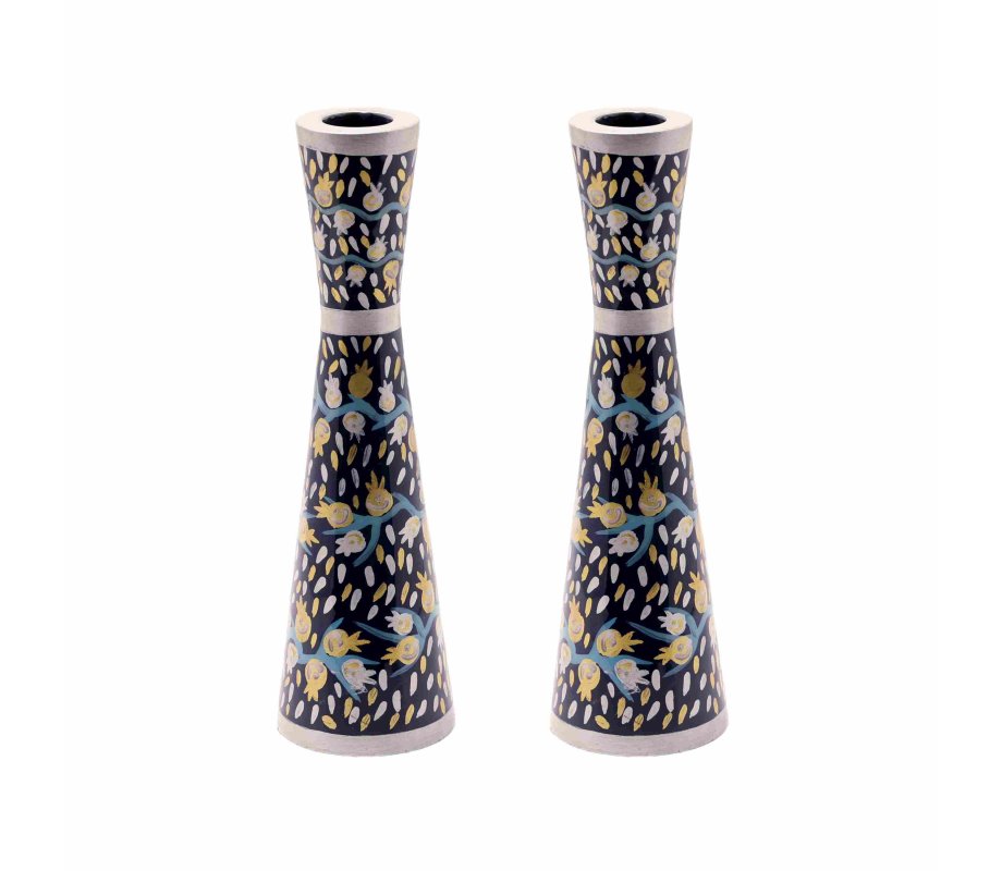 Yair Emanuel Medium Stainless Steel Medium Candlesticks - Blue Pomegranates