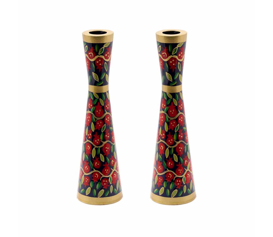 Yair Emanuel Medium Stainless Steel Medium Candlesticks - Red Pomegranates