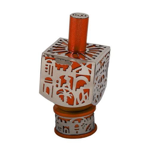 Yair Emanuel Metal Cutout Dreidel Jerusalem Design - Orange
