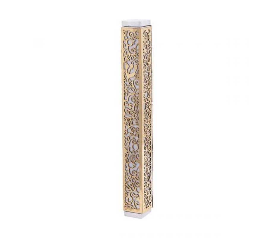 Yair Emanuel Mezuzah Case, Cutout Pomegranates and Flowers - Gold on Silver