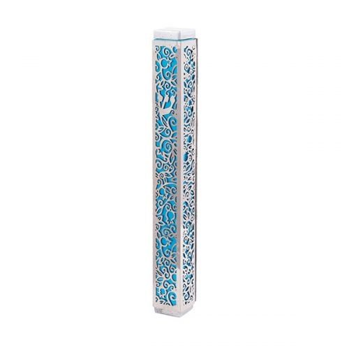 Yair Emanuel Mezuzah Case, Cutout Pomegranates and Flowers - Turquoise