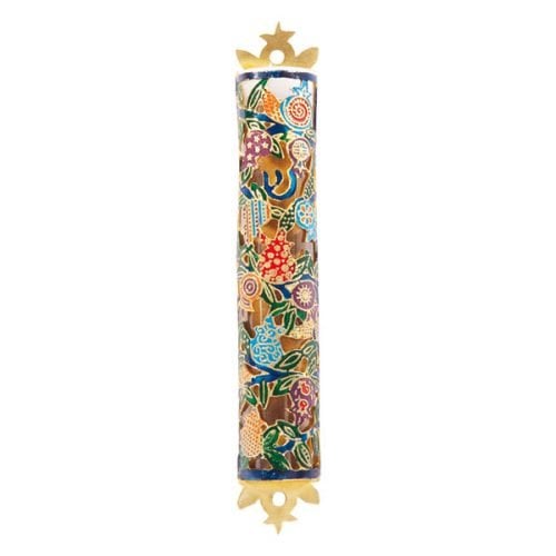 Yair Emanuel Mezuzah Case with Etched Colorful Design - Flowers