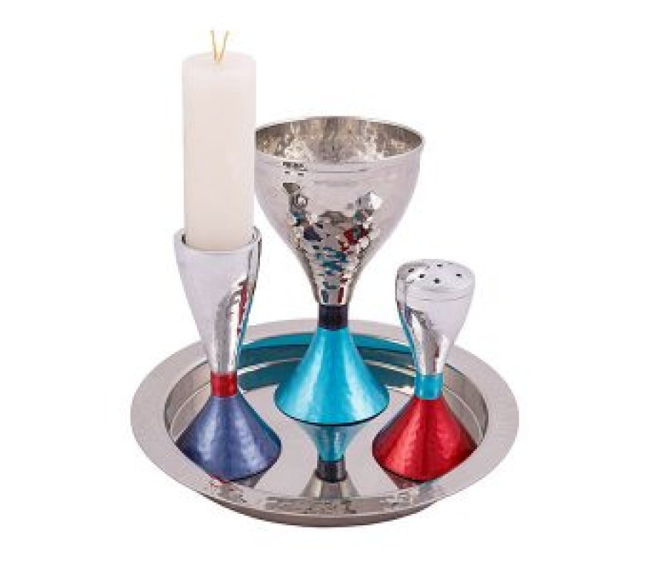 Yair Emanuel Modern Style 4-Piece Havdalah Set, Hammered Nickel - Two Tone