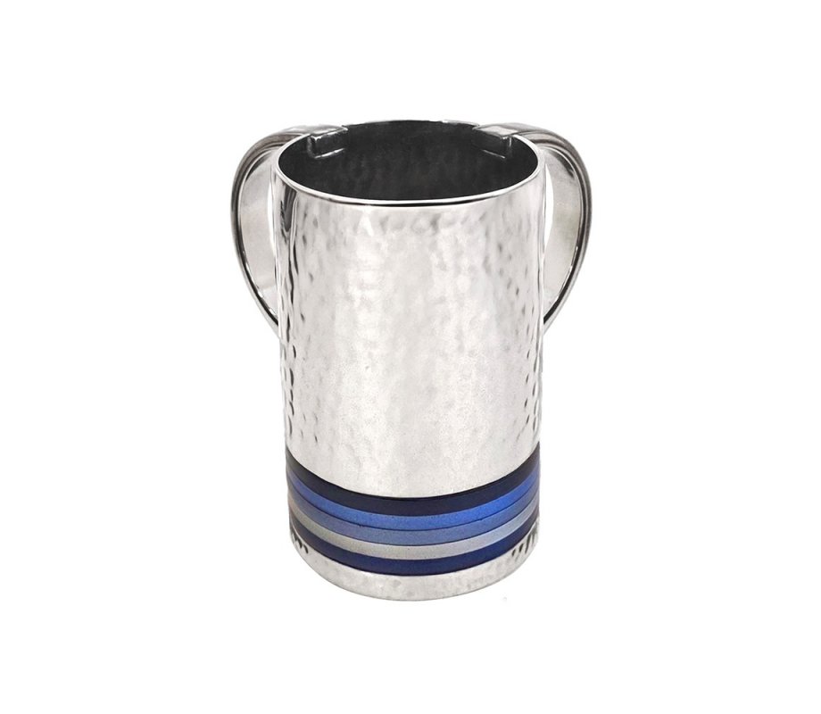 Yair Emanuel Netilat Yadayim Wash Cup, Blue Bands on Hammered Silver Color