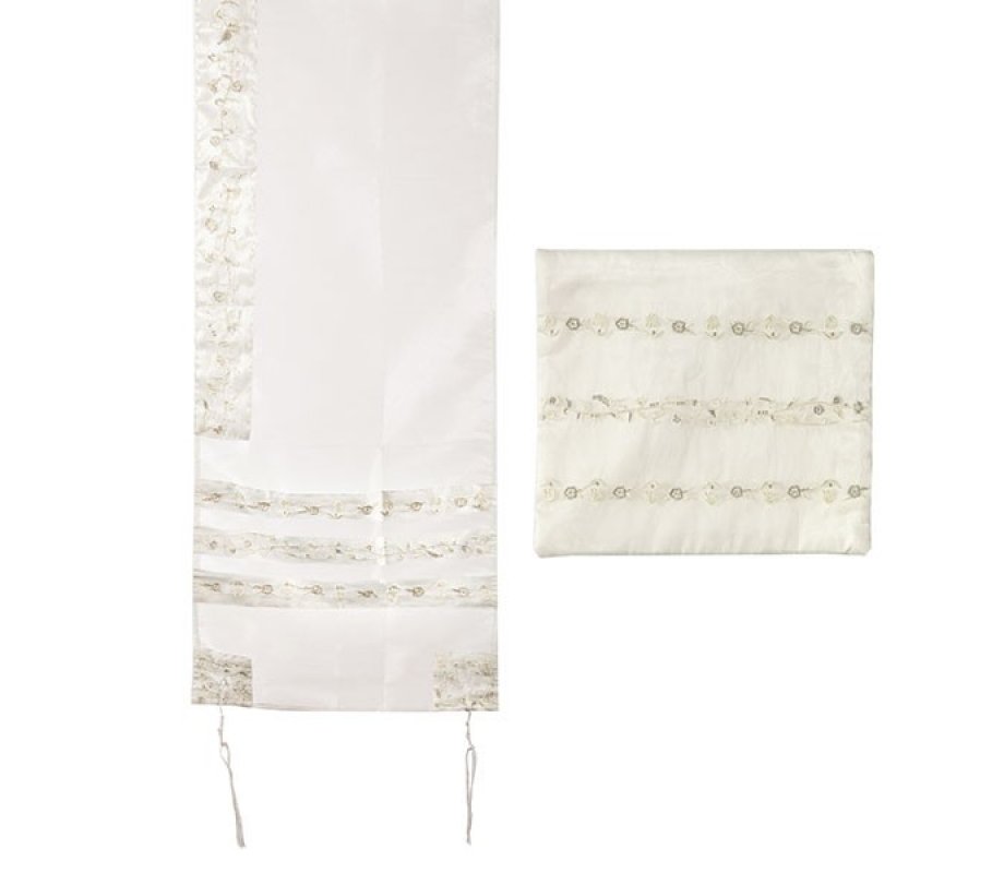 Yair Emanuel Organza Tallit Set, Flower Design - White