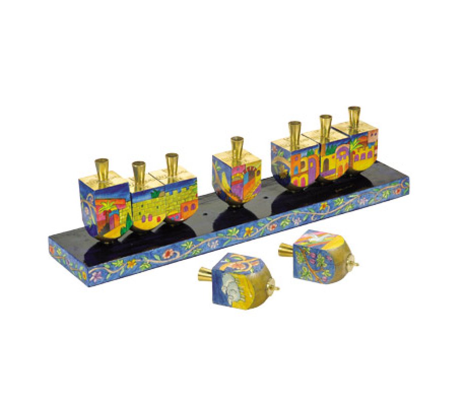 Yair Emanuel Painted Wood Dreidel Hanukkah Menorah - Jerusalem Images