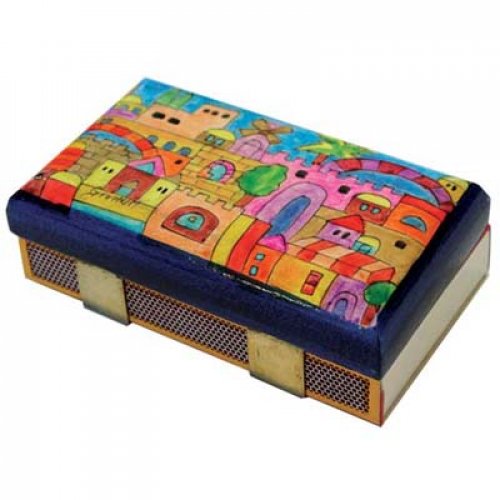 Yair Emanuel Painted Wood Matchbox Holder - Colorful Jerusalem