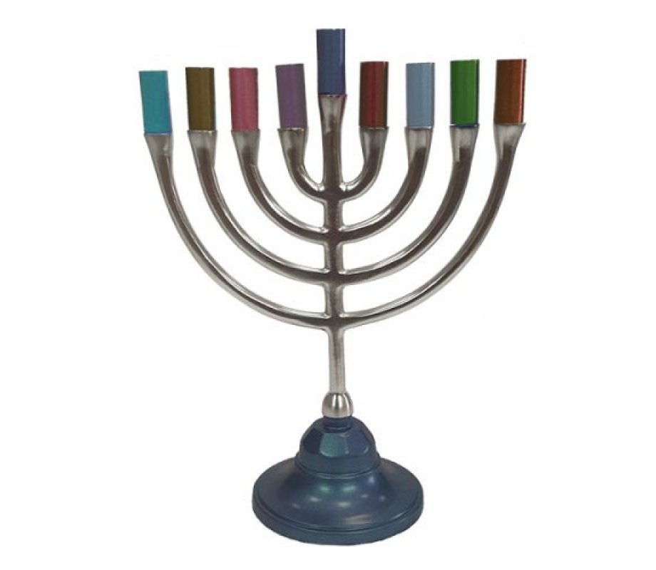 Yair Emanuel Pewter Chanukah Menorah, Traditional Style – Multicolored