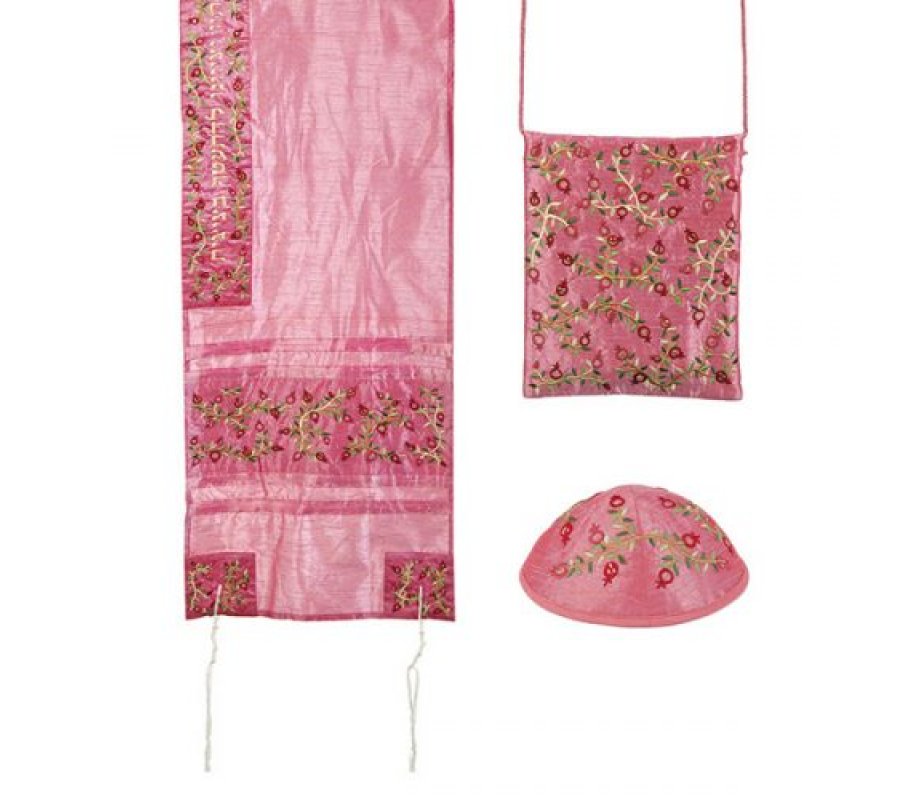 Yair Emanuel Pink Polysilk TalliSack Tallit Set - Embroidered Pomegranates