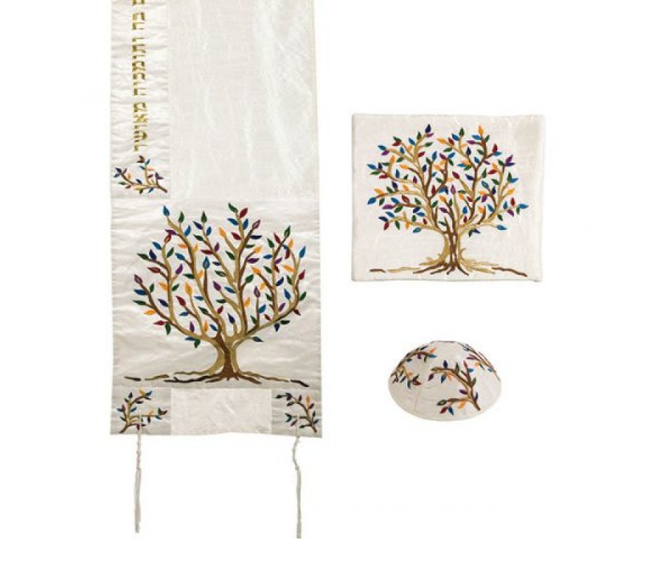 Yair Emanuel PolySilk Tallit Set Embroidered Tree of Life - Colorful