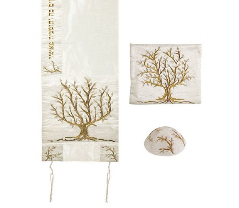 Yair Emanuel PolySilk Tallit Set Embroidered Tree of Life - Gold and Silver