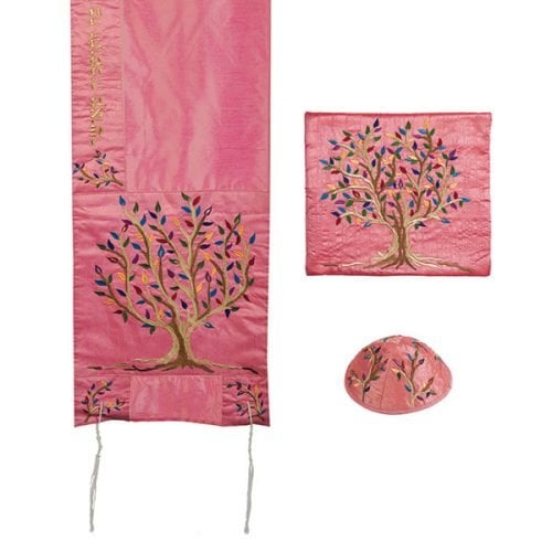 Yair Emanuel PolySilk Tallit Set Embroidered Tree of Life - Pink