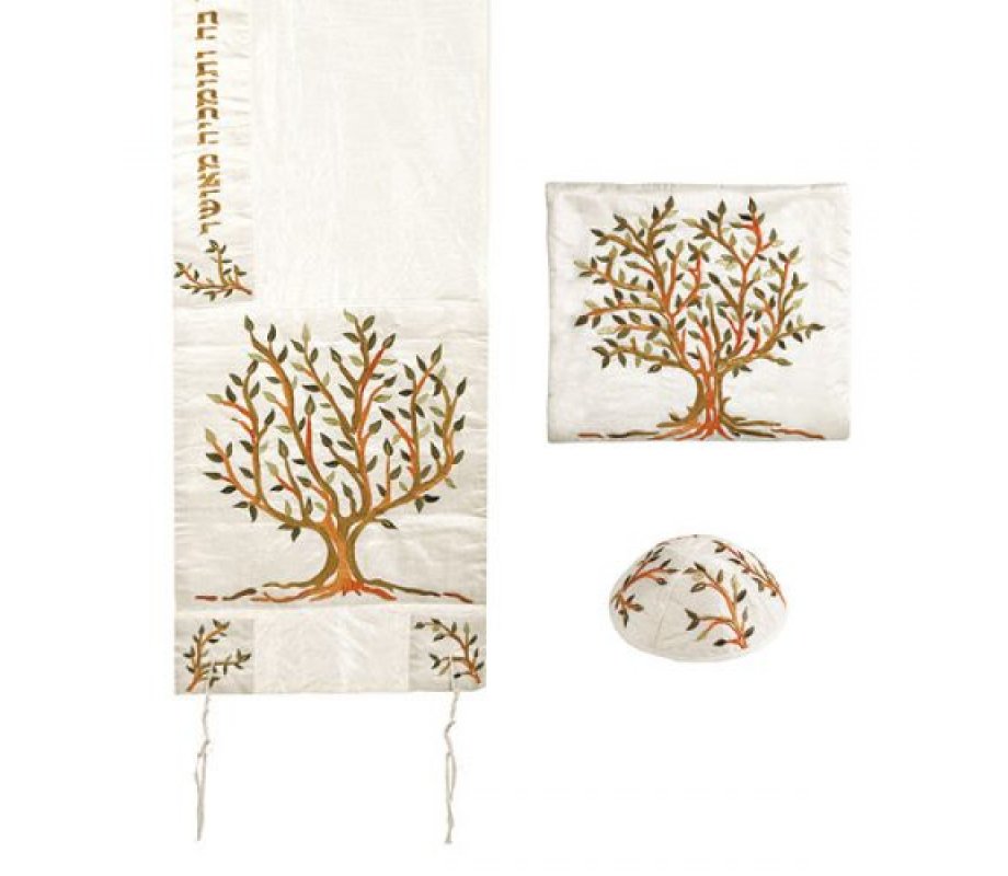 Yair Emanuel Polysilk Tallit Set Embroidered Tree of Life - Brown and Green