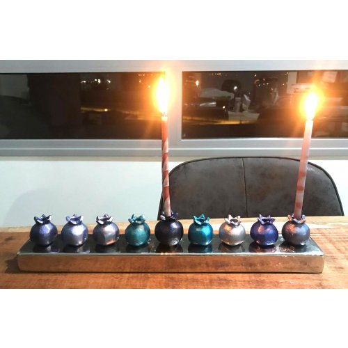 Yair Emanuel Pomegranate Hanukkah Menorah, Anodized Aluminum - Blue