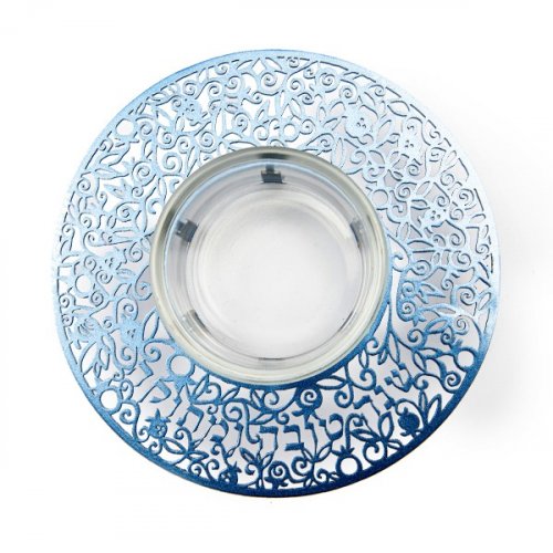 Yair Emanuel Raised Honey Dish with Cutout Pomegranates and Shanah Tovah - Blue