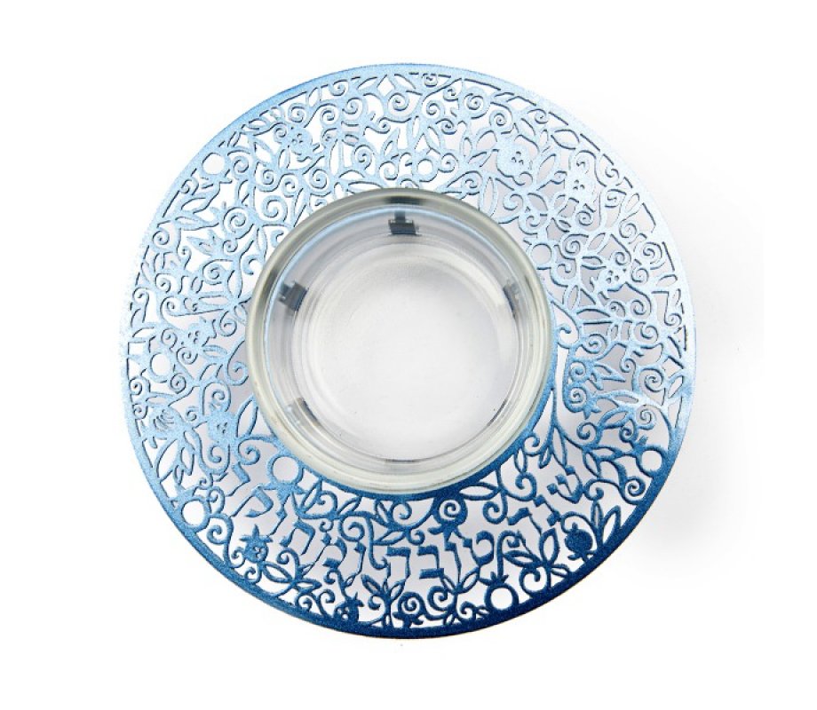 Yair Emanuel Raised Honey Dish with Cutout Pomegranates and Shanah Tovah - Blue